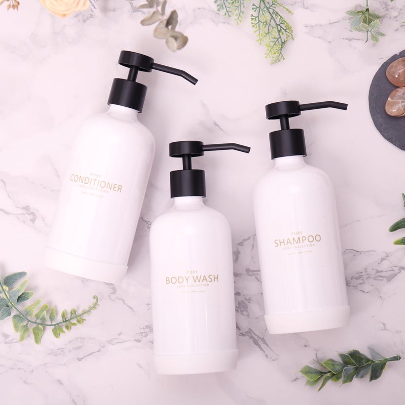 Janxin Shampoo and Conditioner Dispenser Set of 3 Refillable 21oz Shampoo Bottles with Non-Slip Protective Silicone Pad Shower Soap Dispenser with Waterproof Labels for Bathroom (White) - Image 2